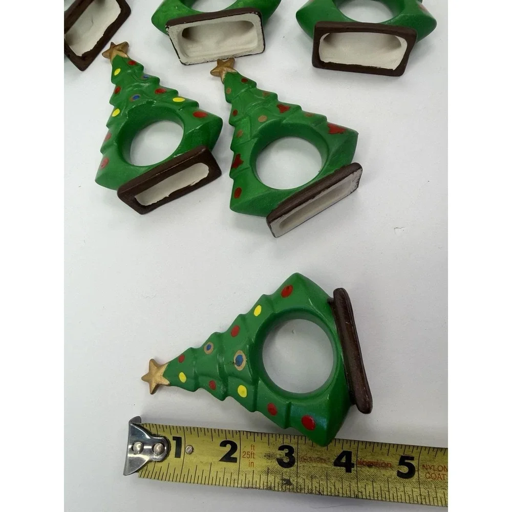 Hand painted Ceramic Christmas Tree Napkin Ring Holders Holiday Home Decor Lot
